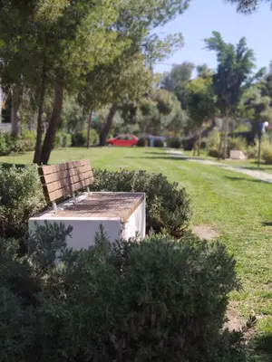a bench sitting in the grass in a park at Beach of Voula in Athens