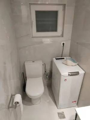 a white bathroom with a toilet and a window at Alema Apartment in Athens
