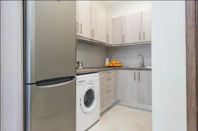 a kitchen with a refrigerator and a washing machine at Cozy Apartment in Athens