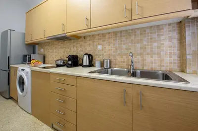 a kitchen with a sink and a dishwasher at Spacious and modern one bedroom apartment in Athens