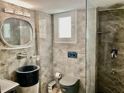 a bathroom with a shower and a toilet and a window at Tsil House in Athens