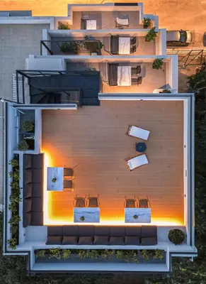 an overhead view of a house with a pool at The Meta Stay - Backyard Oasis with Rooftop Access in Athens