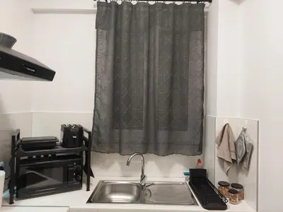 a kitchen with a sink and a microwave at Miranda's Apartment Koukaki in Athens