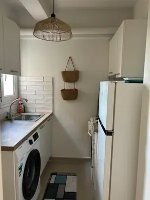 a kitchen with a washer and a sink and a refrigerator at Bohemian Cozy Flat, with terrace 24h available, self- check in in Athens