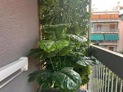 a bunch of green plants on a balcony at Stylish City Studio 8' From 3 Metro Lines 4th Floor in Athens