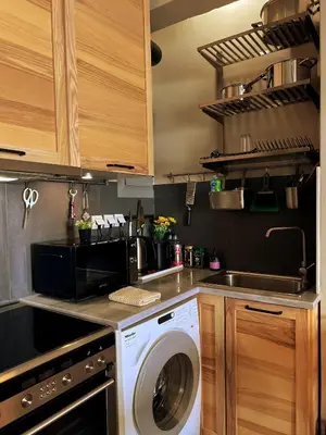a kitchen with a washing machine and a sink at Stylish City Studio 8' From 3 Metro Lines 4th Floor in Athens