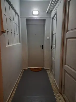 a hallway with a door and a rug on the floor at Underground treasure in Athens