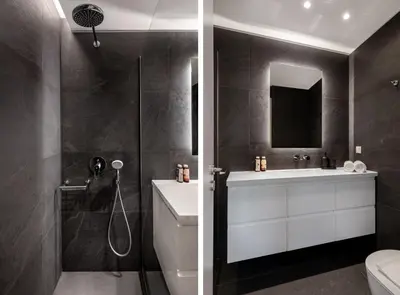 a bathroom with a shower and a sink and a toilet at Elegant & Central 3BR in Glyfada in Athens