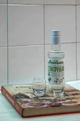 a bottle of vodka and a glass on a book at Empyrean Apartment in Athens