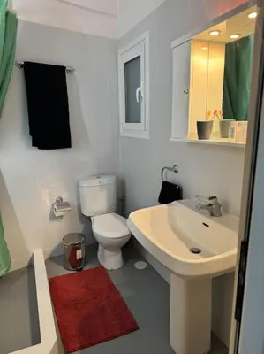 a bathroom with a white toilet and a sink at Apartment Next to the Metro 100m in Athens