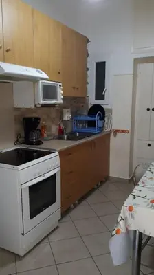 a kitchen with a white stove and a microwave at Cozy and spacious 2 BDR Apt 15 min from the city center in Athens