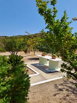 two white benches sitting in a park with trees at Kathrine's Cottage in Vagia in Vaia