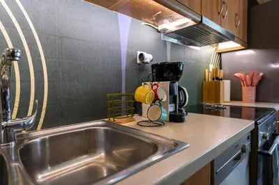 a kitchen with a stainless steel sink in a kitchen at Voguish Design 2 bedroom Den in Athens