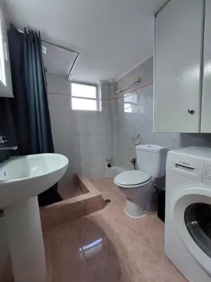 a bathroom with a toilet and a sink and a washing machine at Gabi's Apartment in Porto Rafti