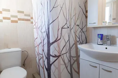 a bathroom with a shower curtain with a toilet and a sink at Cozy Greek Apartment in Athens