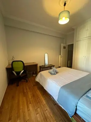 a bedroom with a bed and a desk and a chair at Frinis House in Athens