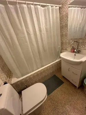 a bathroom with a toilet and a shower curtain at Frinis House in Athens