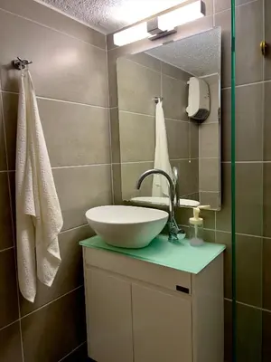 a bathroom with a sink and a mirror at Terrace Garden Close To Sea in Athens