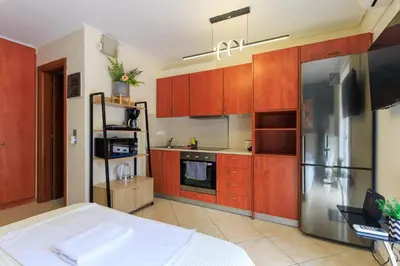 a kitchen with wooden cabinets and a stainless steel refrigerator at Aiolos GLYFADA super lux apartment in Athens