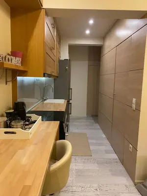 a kitchen with wooden cabinets and a counter top at Cosy Lux Apartment in Athens