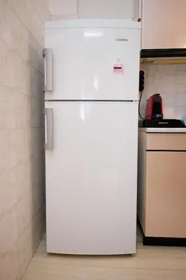 a white refrigerator in a kitchen next to a counter at Olga's Lovely Elia Apartment - Kaisariani in Athens