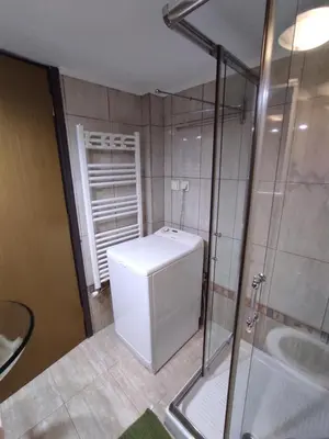 a small bathroom with a toilet and a shower at Cosy apartment on Dragon street in Athens