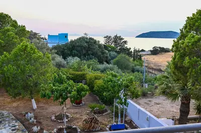 a garden with trees and a view of the water at Marina's dream house in Sounio