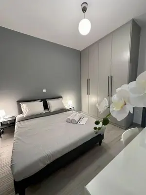 a bedroom with a large bed and a tv at Koukaki Urban Living Apartment in Athens