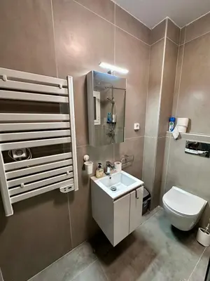 a bathroom with a white toilet and a sink at Koukaki Urban Living Apartment in Athens