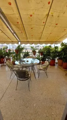 a patio with a table and chairs and potted plants at Aphrodite's Nest in Athens