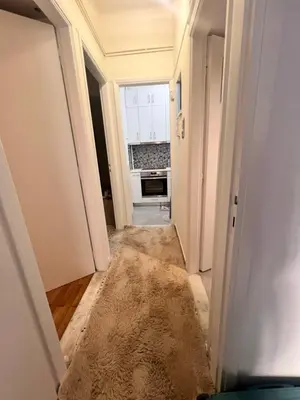 a hallway with a rug on the floor and a window at Cozy Nest at Lykavitos in Athens
