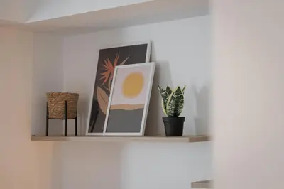 a shelf with pictures and a plant on it at Orpheas Athens Comfy Apartment in Athens