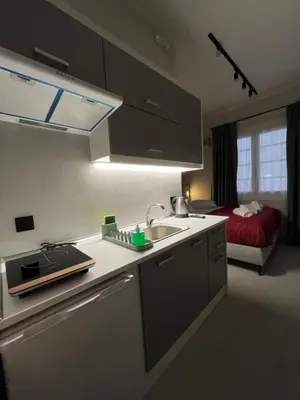a kitchen with a sink and a bed in a room at Iris Suite by Zeussuites in Athens