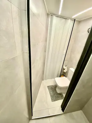 a bathroom with a toilet and a walk in shower at Sophia Luxury Loft in Athens
