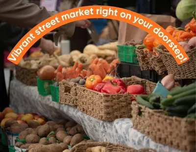 a market with baskets of fruits and vegetables on display at Marine Cocoon & Terrace Modern Apt, Private Garden in Athens