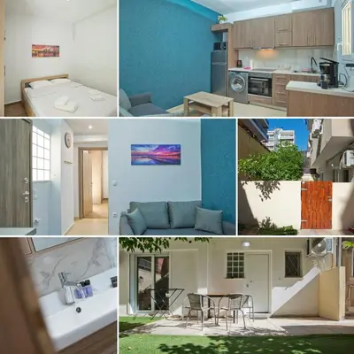 a collage of photos of a kitchen and a living room at Marine Cocoon & Terrace Modern Apt, Private Garden in Athens