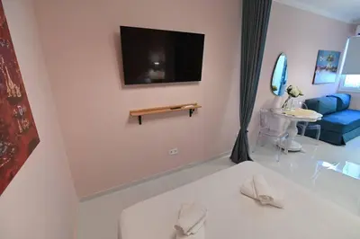 a living room with a television on a wall at Warm & cozy studio - apartment 2 in Athens