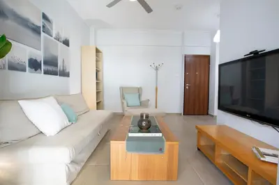 a living room with a white couch and a tv at Apollon Apartment and Museum Acropolis in Athens