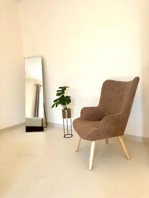 a chair in a room with a plant and a mirror at GRACE Apartment Next to the Akropolis in Athens
