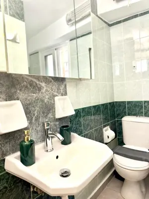 a bathroom with a sink and a toilet and a mirror at GRACE Apartment Next to the Akropolis in Athens
