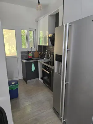 a kitchen with a large stainless steel refrigerator at Ovelix apartment in Athens