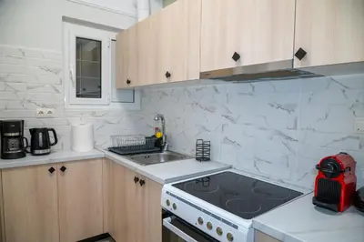 a kitchen with a stove and a sink at Spacious 2 BR apartment next to Acropolis in Athens