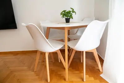 a table with white chairs and a potted plant at Spacious 2 BR apartment next to Acropolis in Athens