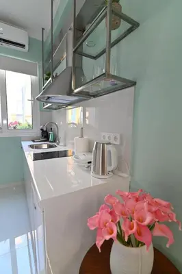 a kitchen with a vase with pink flowers in it at Warm & cozy studio - apartment 1 in Athens