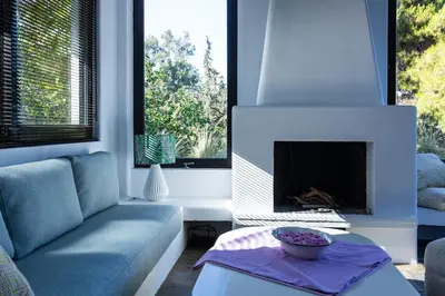 a living room with a couch and a fireplace at Danae's Art in Athens