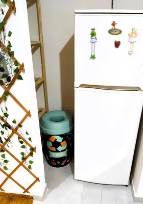 a refrigerator and a trash can next to a ladder at Alexandra 's Home in Athens