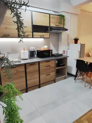 a kitchen with a sink and a microwave at Alexandra 's Home in Athens