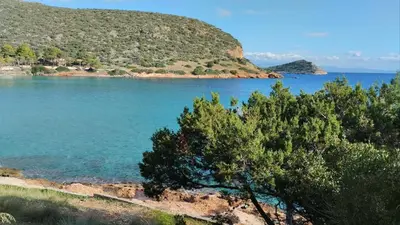 a view of a lake with trees in the foreground at Artemis sea house in Porto Rafti