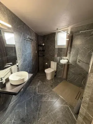 a bathroom with a sink and a toilet and a shower at FlyHome Apartments near the Airport in Spáta