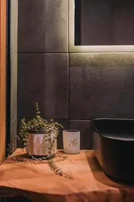 a potted plant sitting on a wooden table in a bathroom at Modern Urban Oasis with Private Plunge Pool in Piraeus